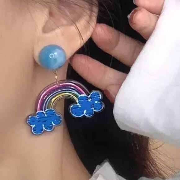 Rainbow Playful Acrylic Drop Earrings Fun Colorful - Picture 2 of 6